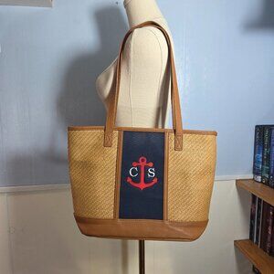 Thirty-One Customized Tan Navy Blue Nautical Large Compartment Zip Shoulder Tote